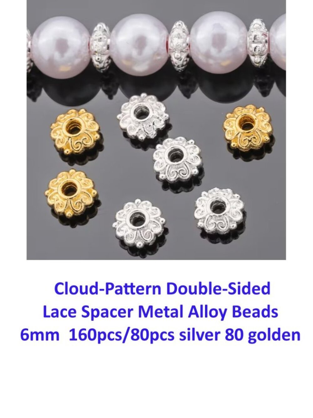 Cloud-Pattern Double-Sided Lace Spacer Metal Alloy Beads  6mm 80 Silver 80 Gold